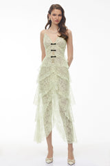 Atousa Green Layered Floral Lace Maxi Dress with Bow