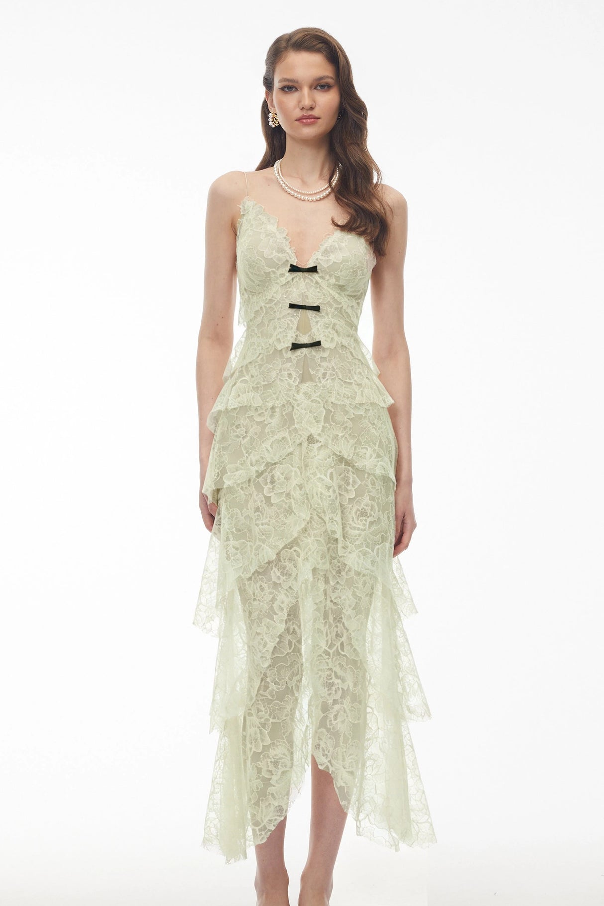 Atousa Green Layered Floral Lace Maxi Dress with Bow