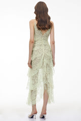 Atousa Green Layered Floral Lace Maxi Dress with Bow
