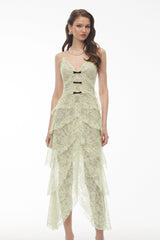 Atousa Green Layered Floral Lace Maxi Dress with Bow