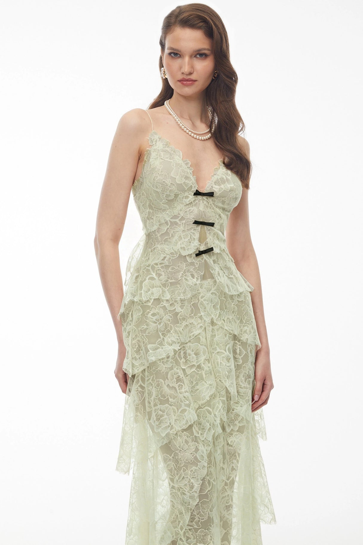 Atousa Green Layered Floral Lace Maxi Dress with Bow