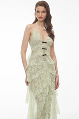 Atousa Green Layered Floral Lace Maxi Dress with Bow