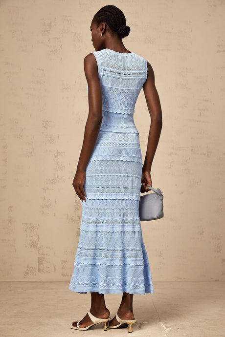 Aubree Midi Dress Blue Crochet - Knit Ruffled Trim