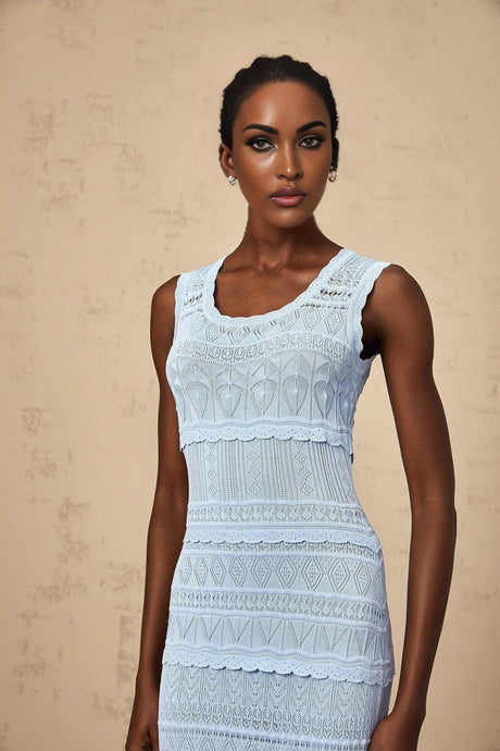 Aubree Midi Dress Blue Crochet - Knit Ruffled Trim