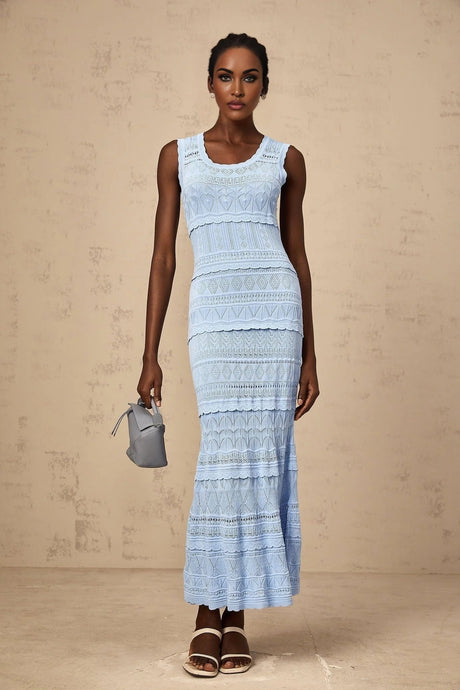 Aubree Midi Dress Blue Crochet - Knit Ruffled Trim