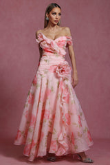 Aubree Pink Floral Off-Shoulder Ruffle Dress