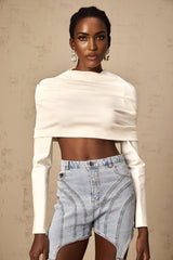 Aubrey Cropped Top - Long Sleeve - Cowl Neck - Off the Shoulder - Ruched Detailing