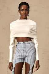Aubrey Cropped Top - Long Sleeve - Cowl Neck - Off the Shoulder - Ruched Detailing