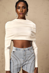 Aubrey Cropped Top - Long Sleeve - Cowl Neck - Off the Shoulder - Ruched Detailing