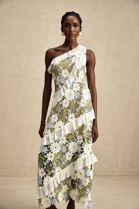 Aubrey Floral Midi Dress - Single Shoulder Design - Guipure Lace Accents - Floral Embroidery - Ruffle Detail