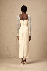 Aubrey Midi Dress - Satin Finish - Lace Panelling - Long Sleeves - Sweetheart Neck