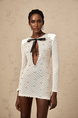 Aubrey Mini Dress - Crew Neck - Long Sleeves - Shoulder Pads - Cut - Out Design