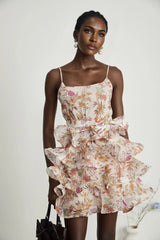 Aubrey Mini Dress - Square Neck Floral Ruffled Trim Belted Flounce Hem