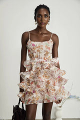 Aubrey Mini Dress - Square Neck Floral Ruffled Trim Belted Flounce Hem