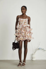 Aubrey Mini Dress - Square Neck Floral Ruffled Trim Belted Flounce Hem