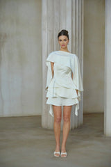 Aubrey Mini Dress White Satin Ruffled Shawl Panel Thigh - Length