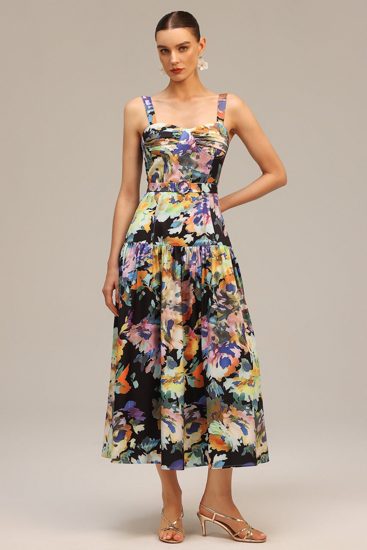Audrey Black Floral Maxi Dress Halter Neckline Ruched Bust