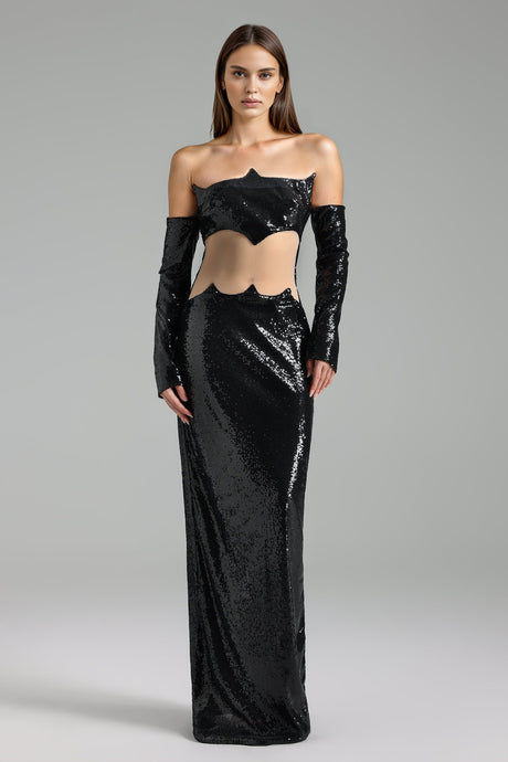 Audrey Black Sequined Maxi Dress with Cut-Out Waist Detail