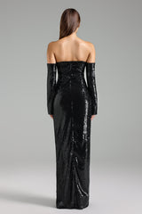 Audrey Black Sequined Off-Shoulder Maxi Dress with Cut-Out Design
