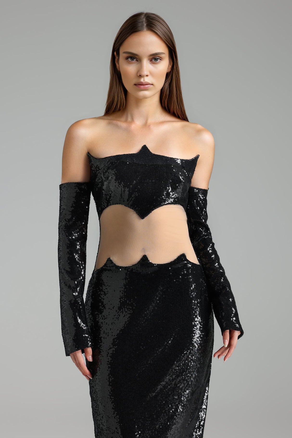 Audrey Black Sequined Off-Shoulder Maxi Dress with Cut-Out Waist Detail