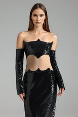 Audrey Black Sequined Off-Shoulder Maxi Dress with Cut-Out Waist Detail