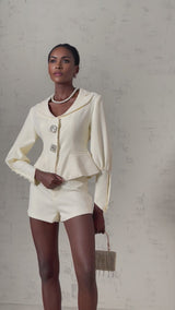 Audrey Jacket & Shorts Set - Notched Lapels - Crystal - Embellished Buttons - Cinched Waist - Flared Hem