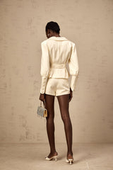 Audrey Jacket & Shorts Set - Notched Lapels - Crystal - Embellished Buttons - Cinched Waist - Flared Hem