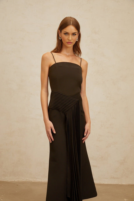 Audrey Midi Dress - Square Neck - Fitted Waistline - Ribbon Design - Pleated Detailing - Flared Hem