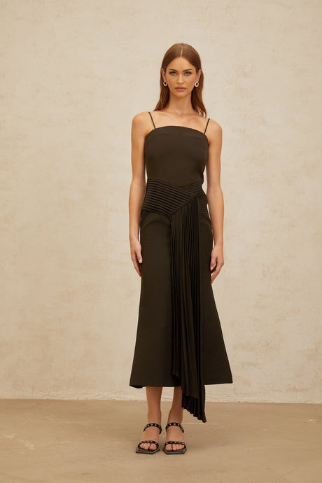 Audrey Midi Dress - Square Neck - Fitted Waistline - Ribbon Design - Pleated Detailing - Flared Hem