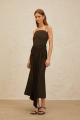 Audrey Midi Dress - Square Neck - Fitted Waistline - Ribbon Design - Pleated Detailing - Flared Hem