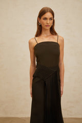 Audrey Midi Dress - Square Neck - Fitted Waistline - Ribbon Design - Pleated Detailing - Flared Hem