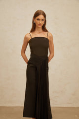 Audrey Midi Dress - Square Neck - Fitted Waistline - Ribbon Design - Pleated Detailing - Flared Hem