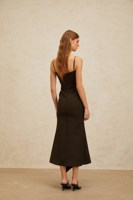 Audrey Midi Dress - Square Neck - Fitted Waistline - Ribbon Design - Pleated Detailing - Flared Hem