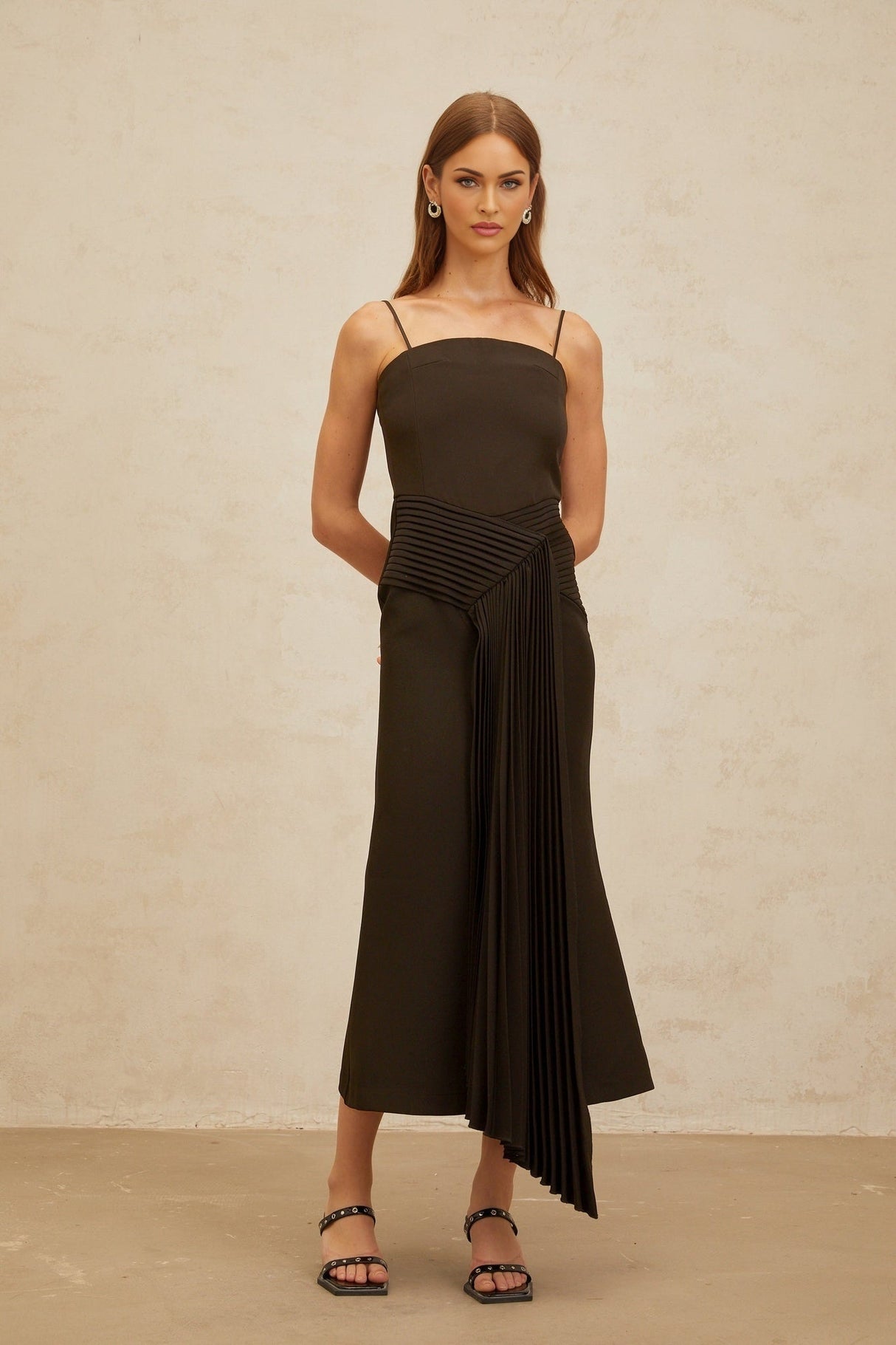 Audrey Midi Dress - Square Neck - Fitted Waistline - Ribbon Design - Pleated Detailing - Flared Hem