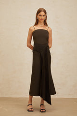 Audrey Midi Dress - Square Neck - Fitted Waistline - Ribbon Design - Pleated Detailing - Flared Hem