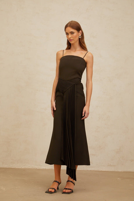 Audrey Midi Dress - Square Neck - Fitted Waistline - Ribbon Design - Pleated Detailing - Flared Hem