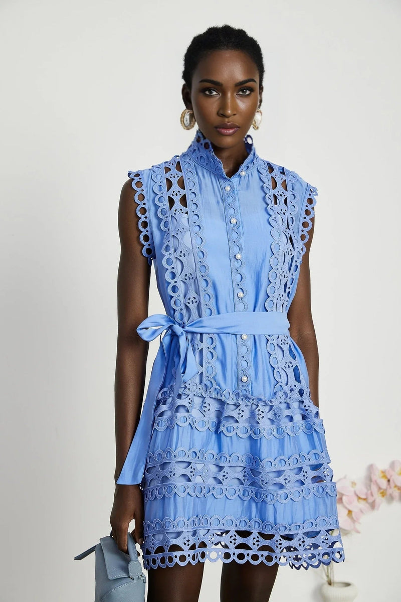 Audrey Mini Dress - Sleeveless - High Neck - Cut - out Design - Belted Waist