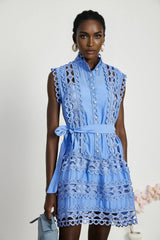 Audrey Mini Dress - Sleeveless - High Neck - Cut - out Design - Belted Waist