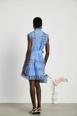 Audrey Mini Dress - Sleeveless - High Neck - Cut - out Design - Belted Waist