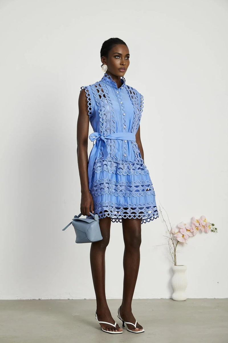 Audrey Mini Dress - Sleeveless - High Neck - Cut - out Design - Belted Waist