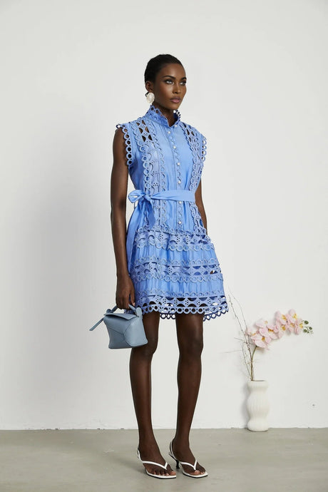 Audrey Mini Dress - Sleeveless - High Neck - Cut - out Design - Belted Waist