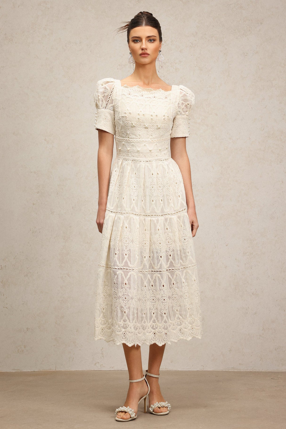 Augusta Ivory Lace Pearl Embroidered Puff Sleeve Midi Dress