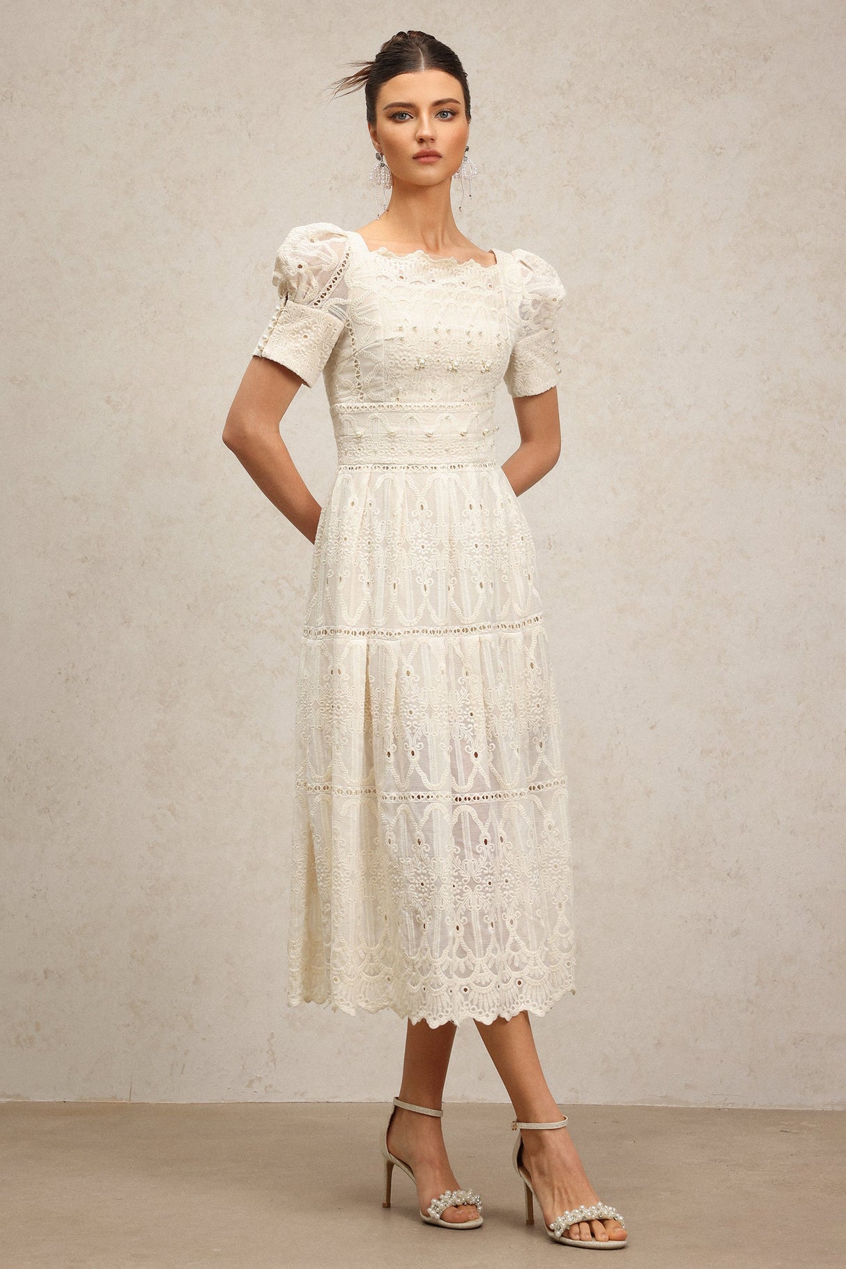 Augusta Ivory Lace Pearl Embroidered Puff Sleeve Midi Dress