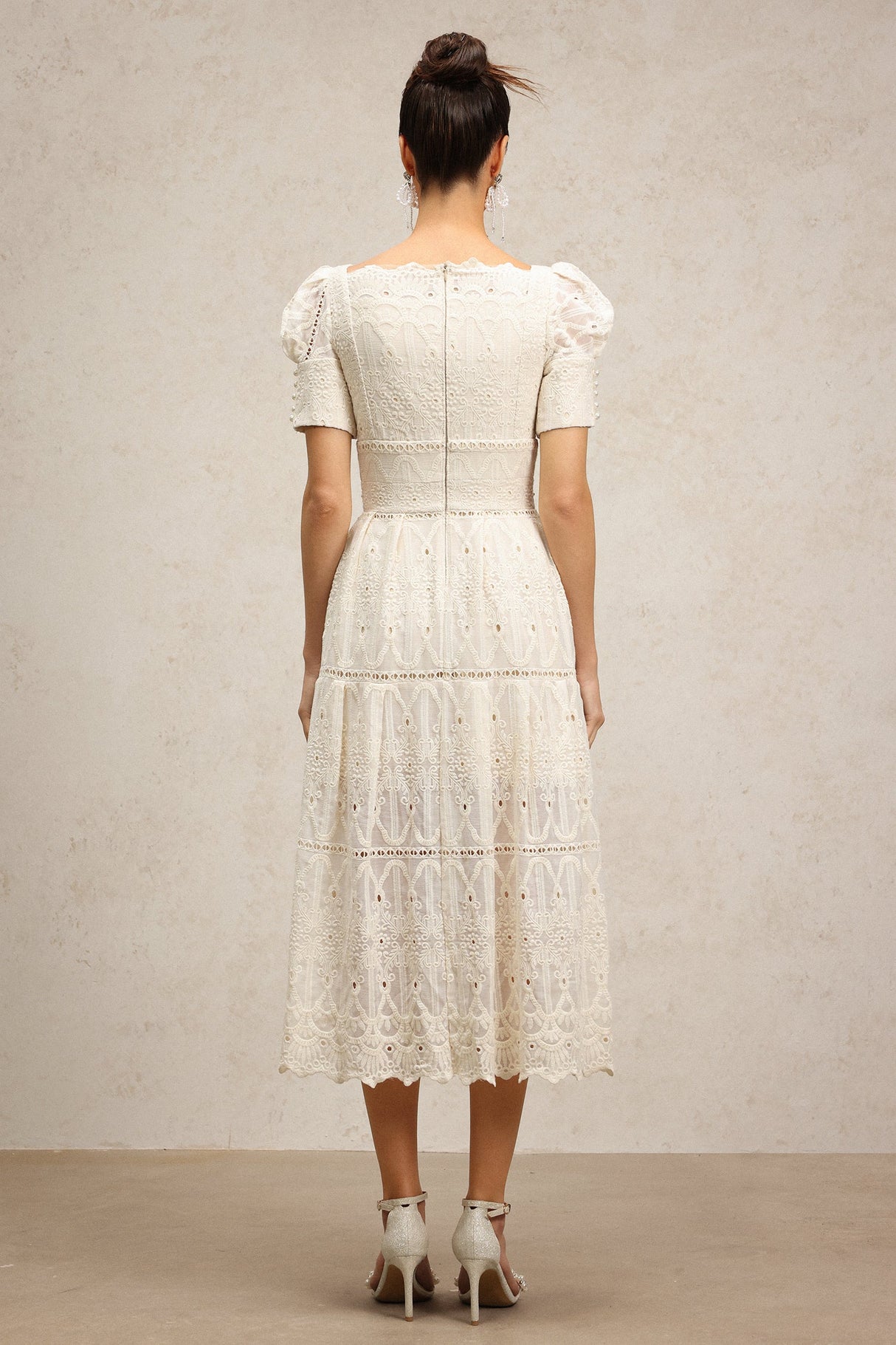 Augusta Ivory Lace Pearl Embroidered Puff Sleeve Midi Dress