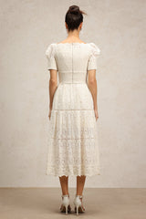 Augusta Ivory Lace Pearl Embroidered Puff Sleeve Midi Dress