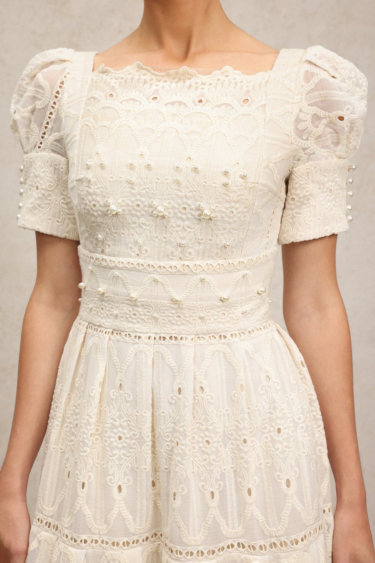 Augusta Ivory Lace Pearl Embroidered Puff Sleeve Square Neck Midi Dress