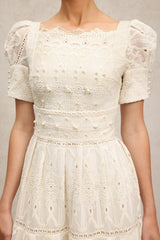Augusta Ivory Lace Pearl Embroidered Puff Sleeve Square Neck Midi Dress