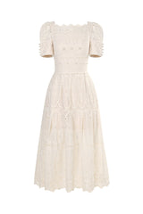 Augusta Ivory Lace Puff Sleeve Midi Dress with Pearl Embroidery