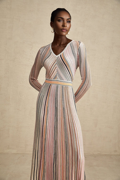 Augusta Midi Dress - V Neck - Metallic Threading - Vertical Stripes - Pleat Detailing - Elasticated Waistband