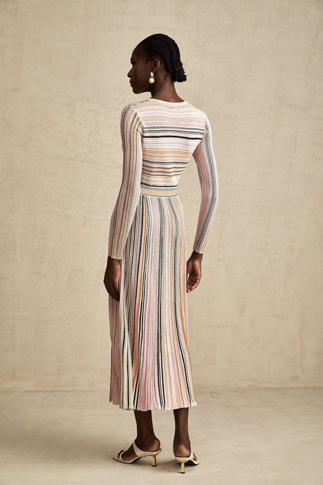 Augusta Midi Dress - V Neck - Metallic Threading - Vertical Stripes - Pleat Detailing - Elasticated Waistband